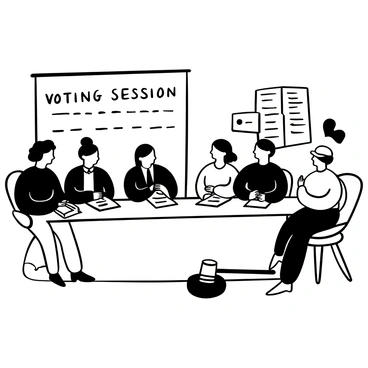 Delegates sitting at a long wooden table, each with a small stack of papers in front of them. They are holding pens and marking their ballots on key articles of the constitution. The room is filled with various documents and books, with some delegates deep in thought while others are discussing among themselves. Each delegate is dressed in formal attire, reflecting a professional atmosphere. A large banner with the words "Voting Session" hangs in the background, and a gavel rests on the table, symbolizing order and respect in the proceedings.