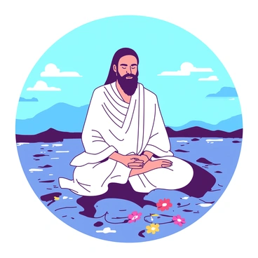 A spiritual leader dressed in a flowing white robe is sitting cross-legged on a rocky shore of the Ganges River. The leader's eyes are closed, and a serene expression is on their face, depicting deep meditation. Surrounding them, the water of the river is a murky shade, with plastic waste and debris visible floating on the surface. In contrast, the sky above is a vibrant blue, adding a sense of brightness to the scene. In the foreground, a few colorful flowers float on the water, symbolizing the idea of purity amidst pollution.