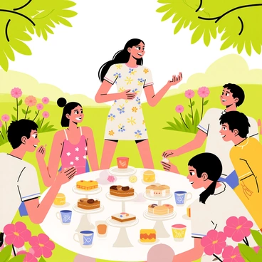 A woman with long, flowing hair is hosting a garden tea party. She is wearing a light floral dress adorned with bright colors. Around her, several friends are seated on picnic blankets, laughing and enjoying the moment. The table is decorated with an assortment of colorful teacups, each with unique patterns. A variety of pastries and sandwiches are displayed on tiered stands. The garden is filled with vibrant flowers, including pink roses and yellow daisies, creating a cheerful atmosphere. Sunlight filters through the leaves of nearby trees, illuminating the scene.