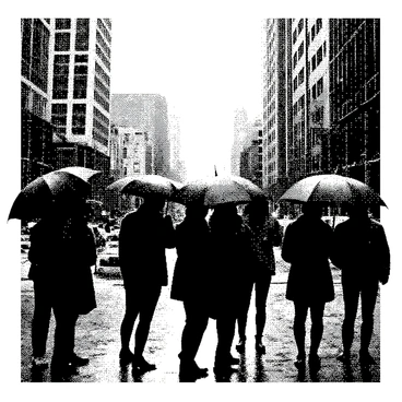 A cityscape features tall buildings with detailed architectural elements. Rain is falling steadily, creating a dynamic atmosphere. Several people are depicted huddled under umbrellas, each umbrella varying in shape and size. The individuals are dressed in various styles of outerwear, and their postures reflect the need for shelter from the rain. Puddles form on the ground, capturing reflections of the surroundings. The entire scene is executed in a halftone dot pattern, emphasizing the monochrome theme.