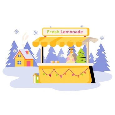A lemonade stand made of colorful wood, featuring a bright yellow awning and a sign that reads "Fresh Lemonade" in playful letters. The stand is adorned with holiday decorations such as twinkling string lights, red and green garlands, and a small Christmas tree positioned on the counter. Surrounding the stand is a snowy landscape with white snowflakes gently falling from the sky. In the background, there are snow-covered trees and a cozy cabin with smoke rising from its chimney, creating a festive winter atmosphere.