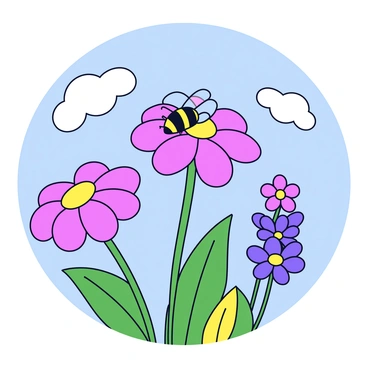 A busy bee with yellow and black stripes is collecting nectar from a pink echinacea flower. The flower has large, daisy-like petals that radiate outwards from a central cone. The bee is perched on one of the petals, with its wings slightly outstretched. Surrounding the flower are green leaves and other blooming flowers in shades of purple and yellow, indicating a vibrant garden. The background shows a clear blue sky with a few fluffy white clouds, adding to the sunny atmosphere.