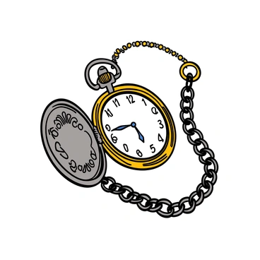 An antique pocket watch with a round silver casing, displaying intricate engravings on its surface. The watch is open, revealing a detailed clock face with ornate hour and minute hands. The numbers on the clock face are elegantly styled in an old-fashioned font. Surrounding the clock face, there are delicate patterns and floral designs that enhance its vintage appeal. The chain attached to the pocket watch is intricately linked, with a clasp that showcases more detailed craftsmanship. The entire composition emphasizes the fine details and artistry of the pocket watch.