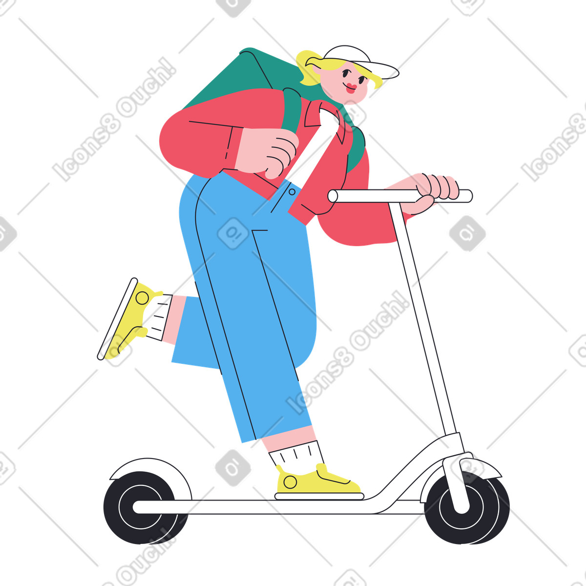 Boba 스타일의 Delivery worker riding scooter, Food and urban transport 애니메이션 일러스트레이션 GIF, Lottie(JSON), AE로 다운로드