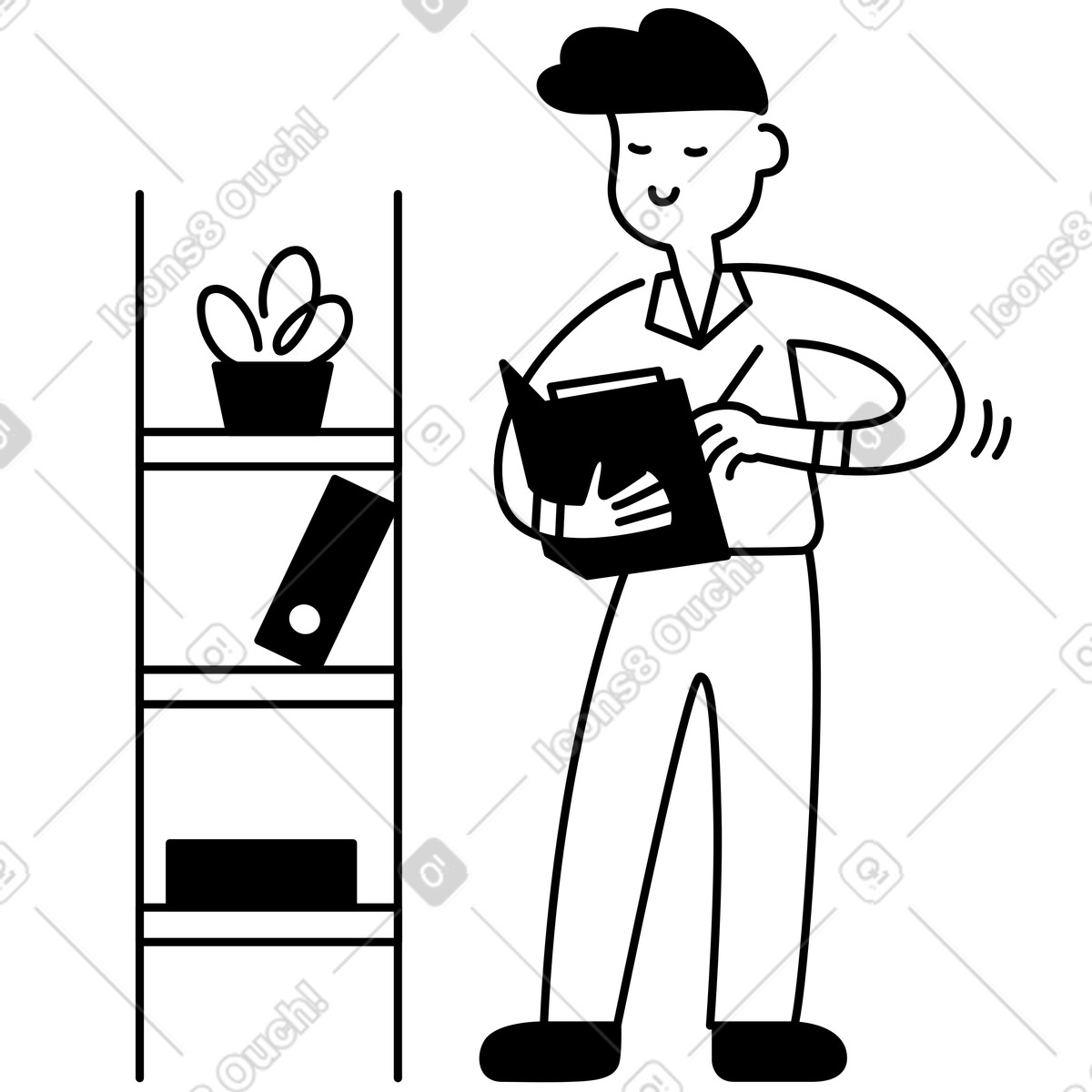 Clerk holding clipboard standing beside office filing cabinet drawers illustration in Notion Line Art style download in PNG, SVG