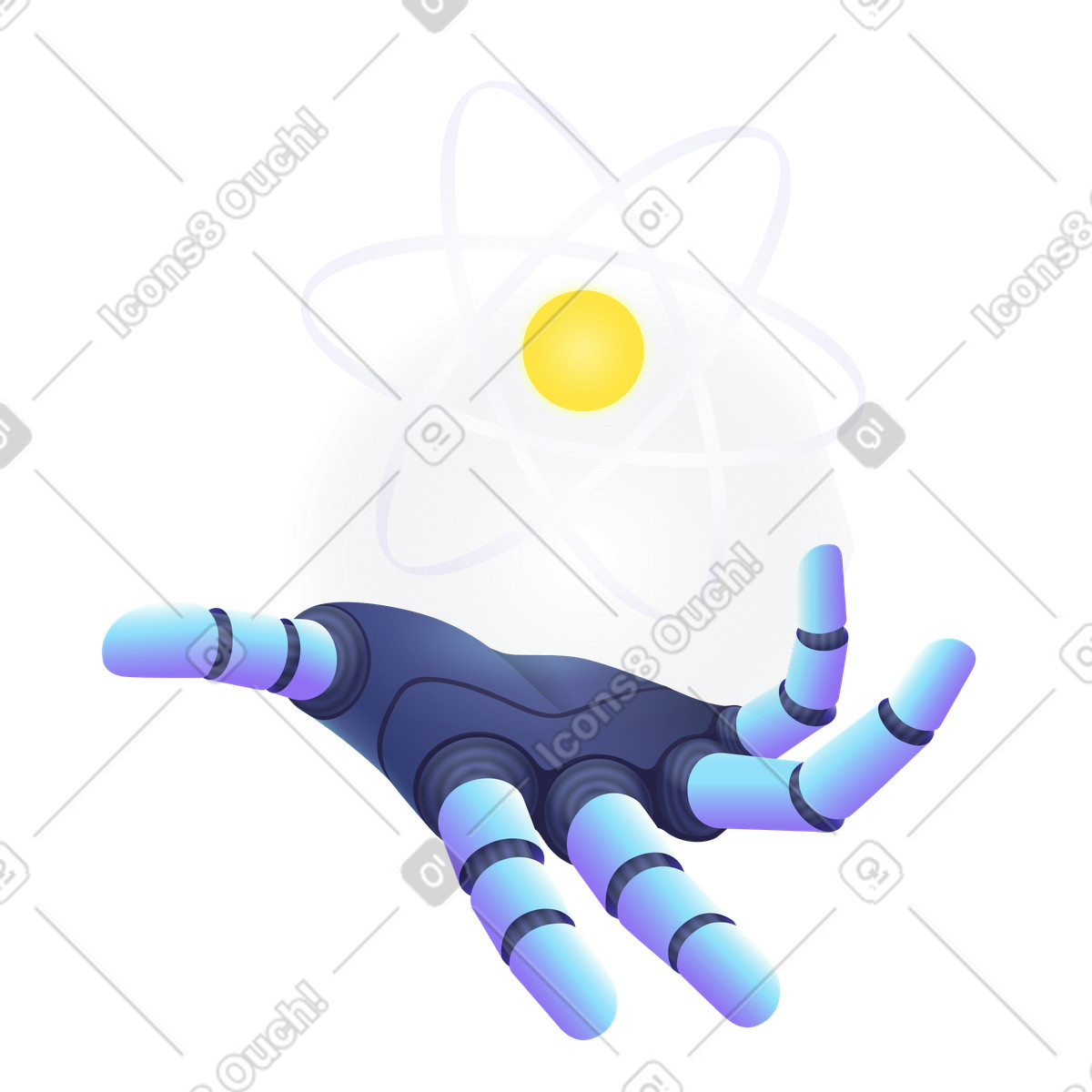 Roboterhand hält atom-Illustration im Isotech-Stil als Download in PNG, SVG
