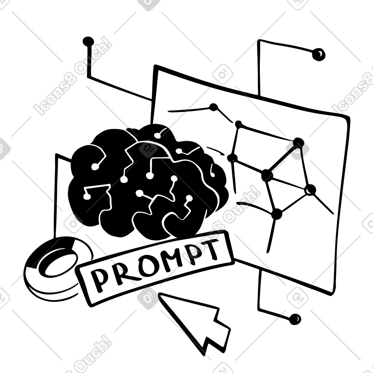 Work of artificial intelligence with requests in the form a brain and data nodes, Neural networks, machine learning, data-driven decision making illustration Line style download PNG, SVG