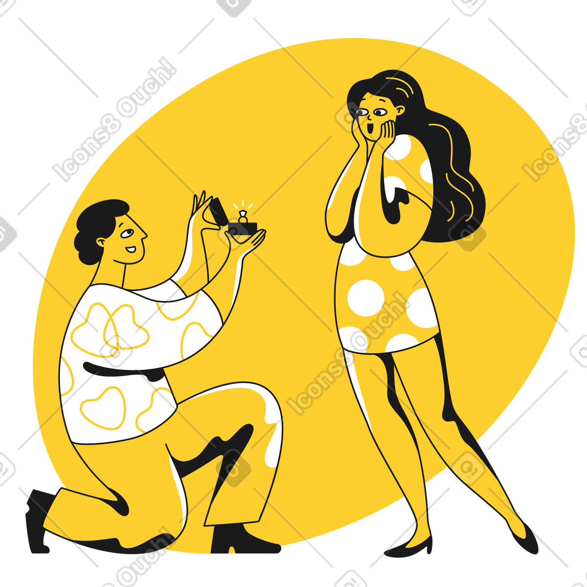 Man standing on his knees and proposing to woman illustration in Taxi style download in PNG, SVG