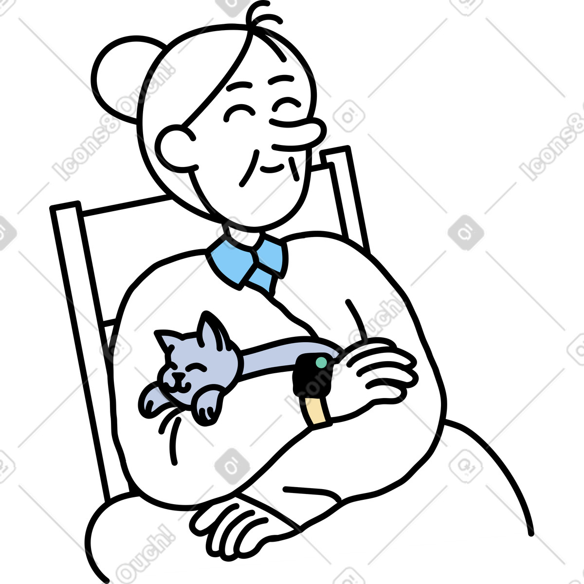 Notes スタイルの 猫とスマートウォッチを持つ老婦人 のイラストをPNG、SVG形式でダウンロード