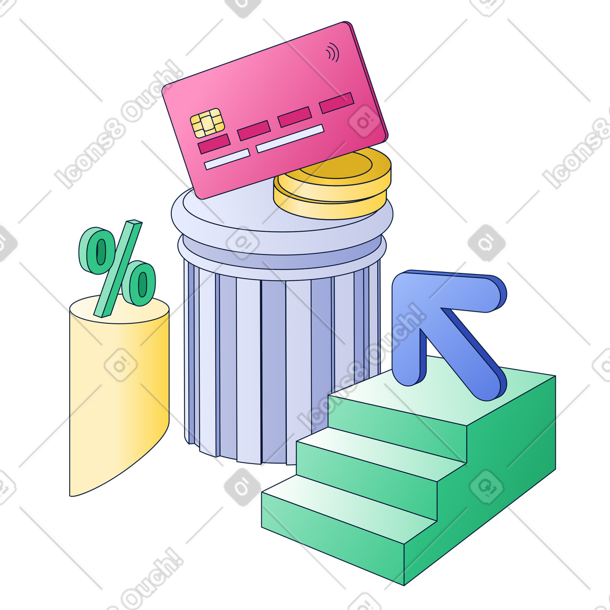 Bank card, coins and arrows on columns, Bank offers illustration in PNG, SVG