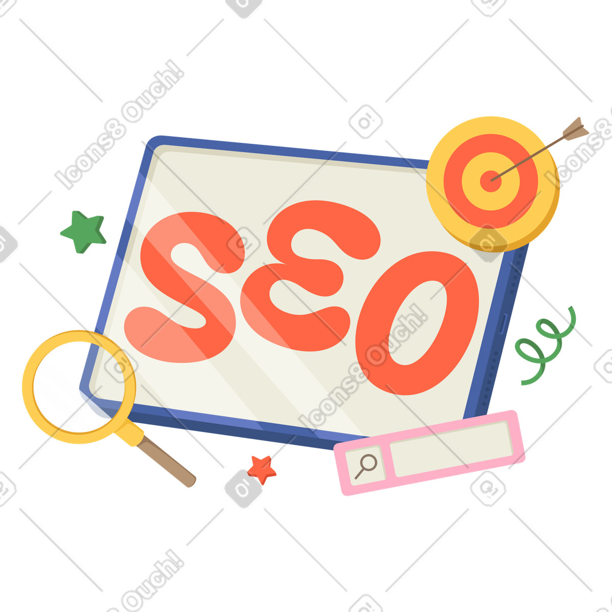 Ilustración animada Letras seo con objetivo, barra de búsqueda y texto lupa en estilo Social a descargar en GIF, Lottie (JSON), AE