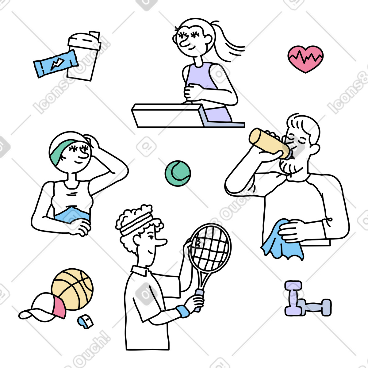 Illustration Fitness, les gens pratiquent différents sports dans le style Notes à télécharger aux formats PNG, SVG