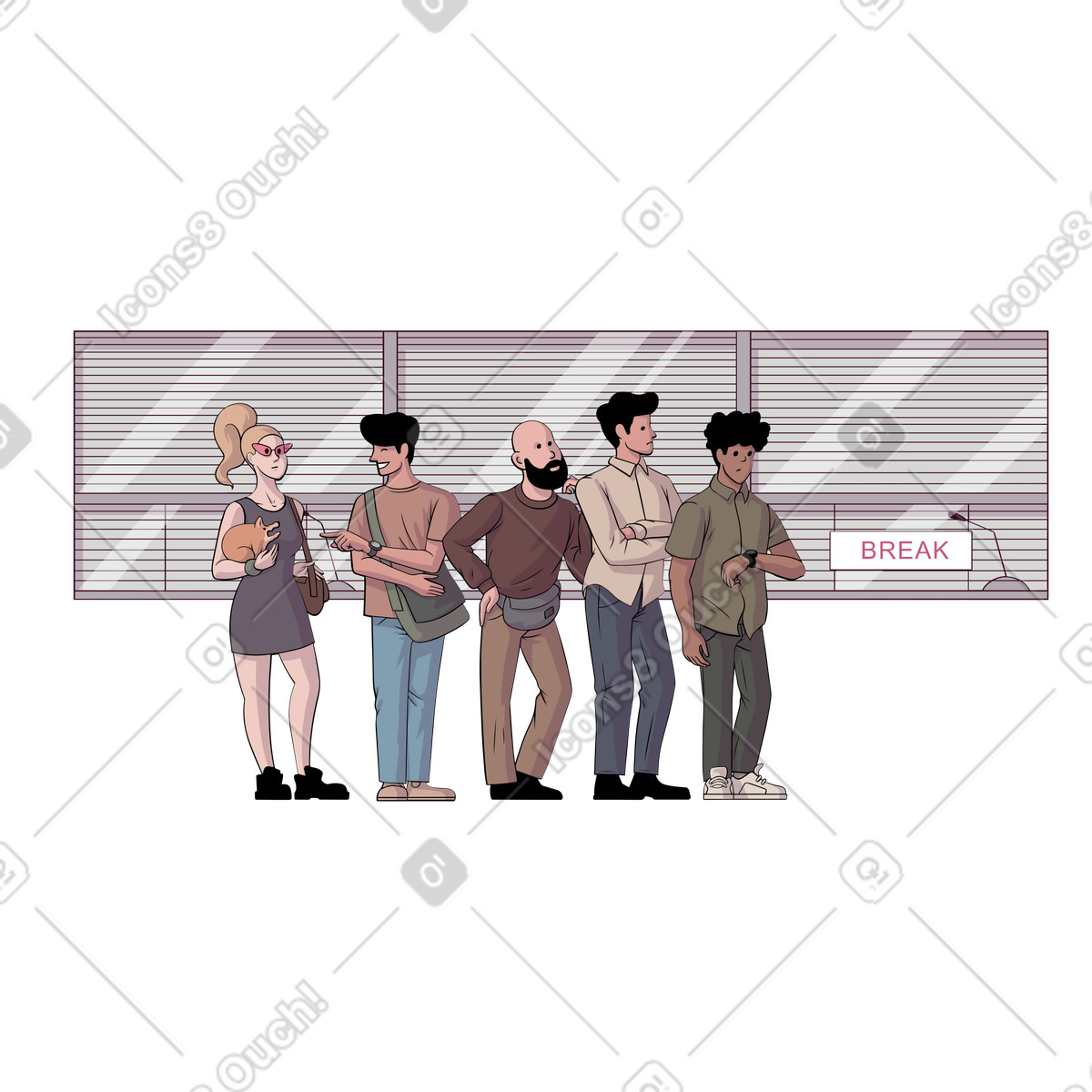 Illustration People gathered in line waiting, Coming soon dans le style Eastwood à télécharger aux formats PNG, SVG
