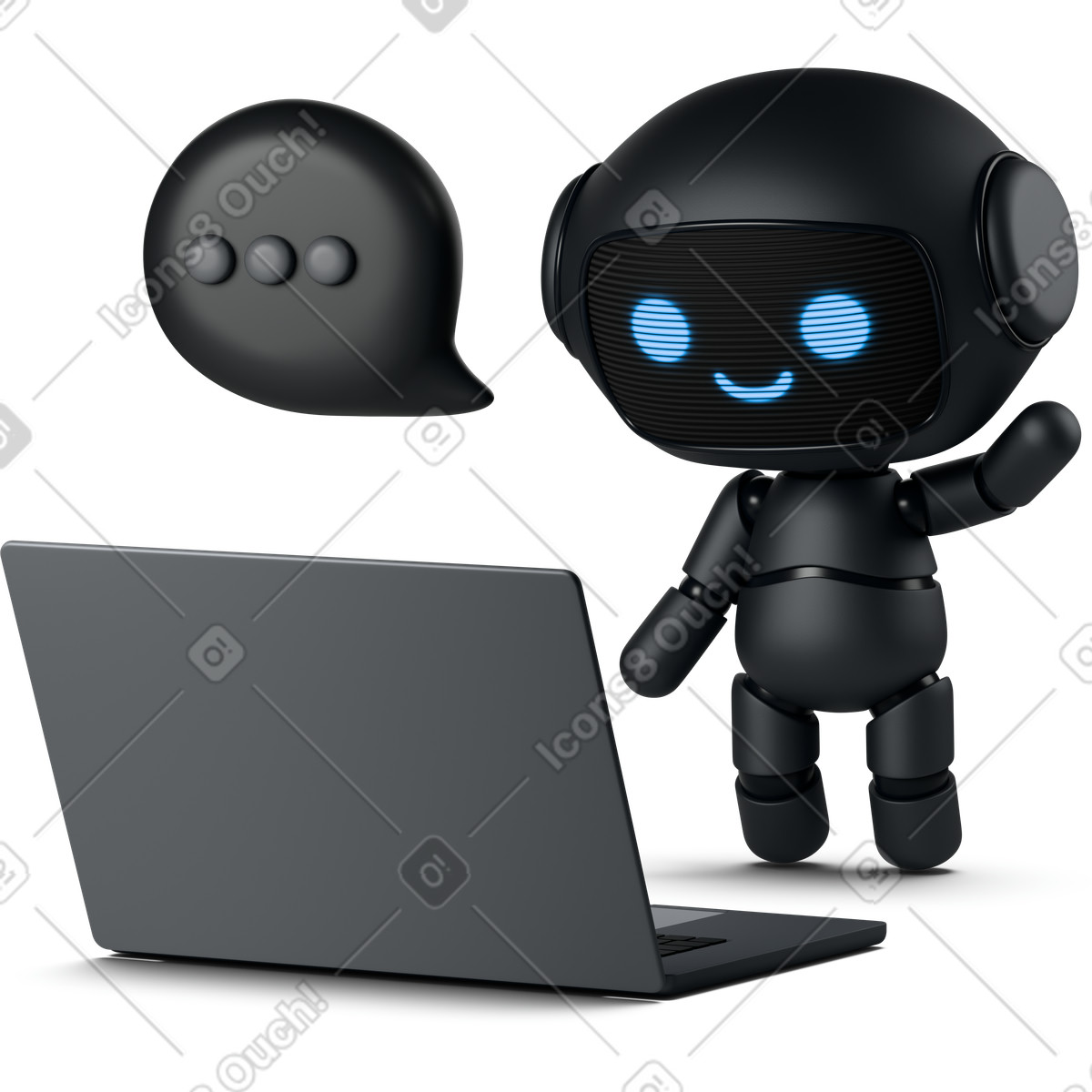 下载 3D Business 风格的 Black cute robot using laptop 动画插图，支持 GIF、Lottie （JSON）、AE 格式