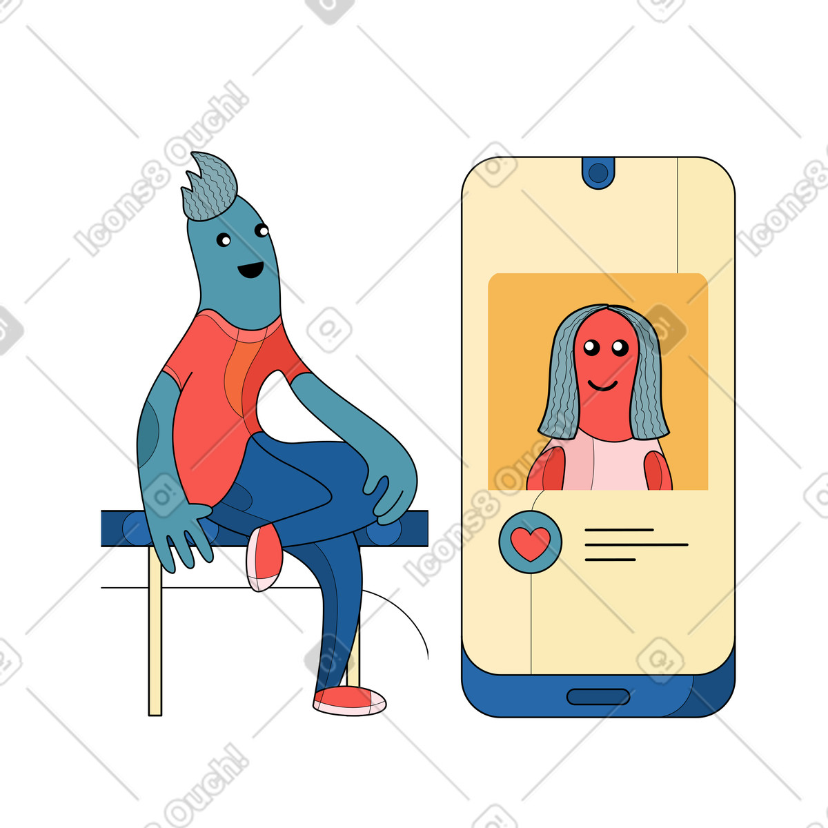 Männlicher charakter „liked“ beitrag auf social-media-plattform-Illustration im Surr-Stil als Download in PNG, SVG