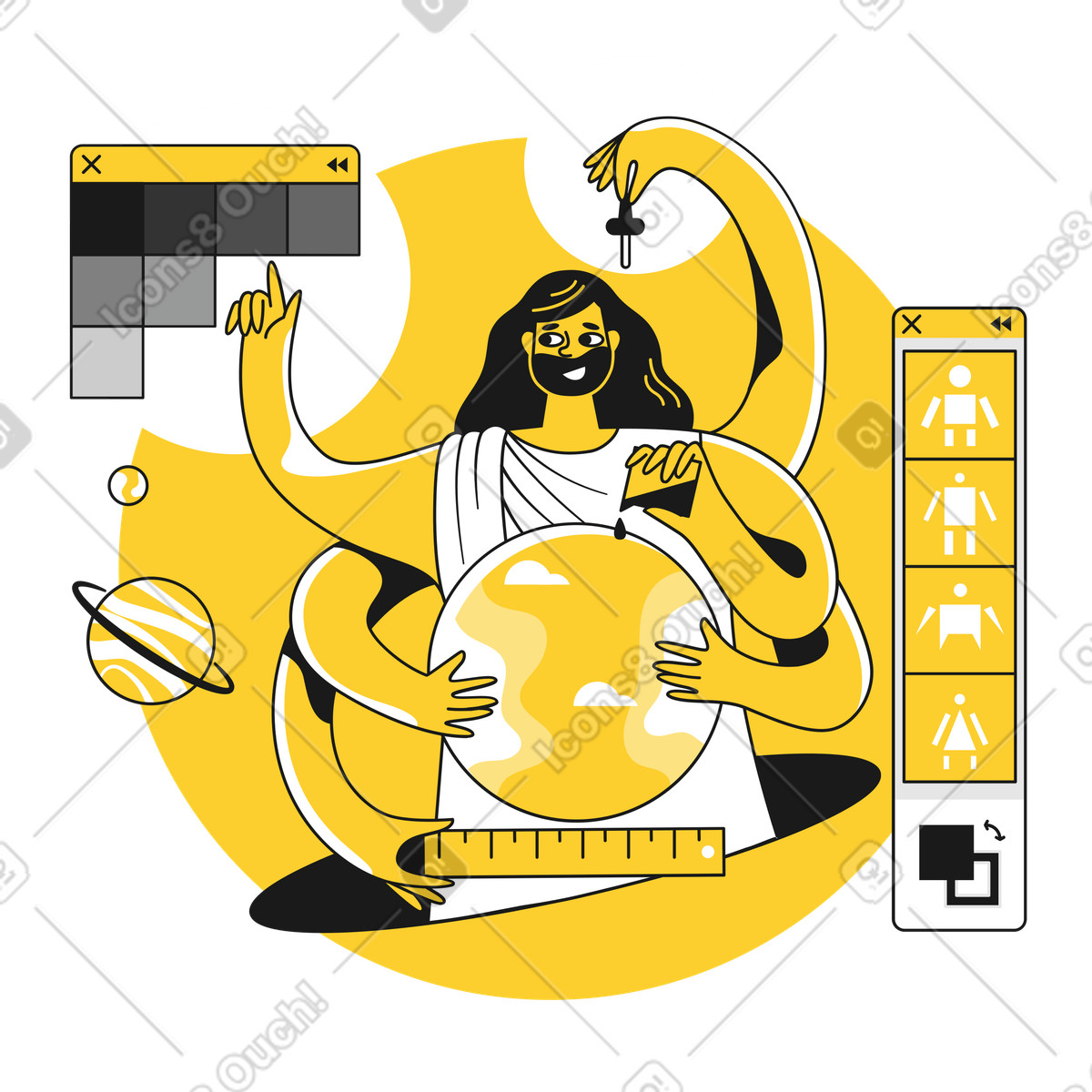 Persona che progetta i personaggi nel programma illustrazione animata in stile Taxi scaricabile in GIF, Lottie (JSON), AE