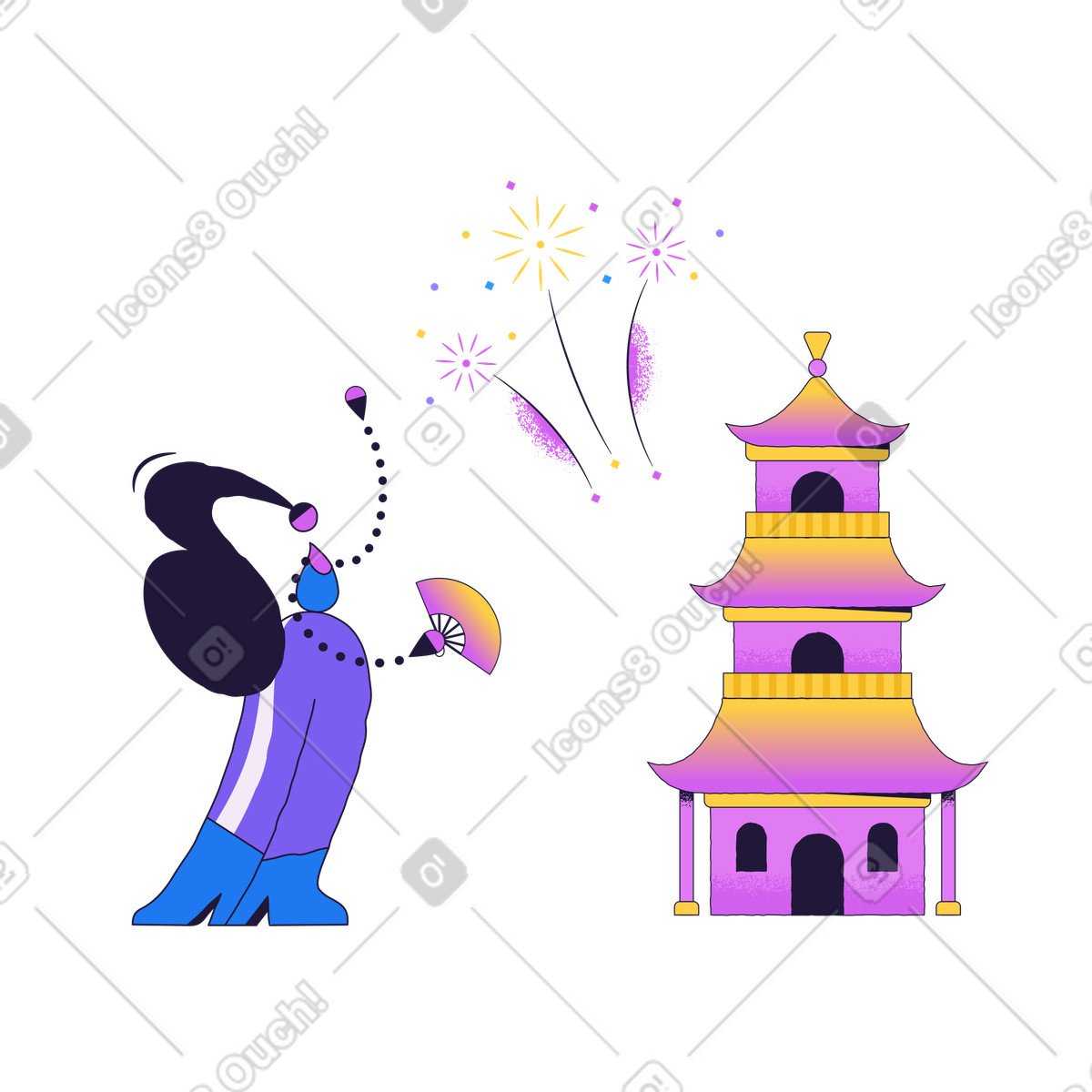 Ilustración Enjoying fireworks show beside traditional temple, Lunar New Year festival en estilo Conifer a descargar en PNG y SVG