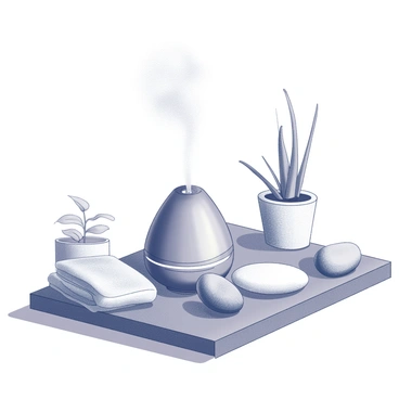 An essential oil diffuser is positioned on a wooden surface, gently releasing aromatic vapor into the air. The setting includes smooth, rounded stones arranged neatly nearby. Soft towels are neatly stacked to one side, and a small potted plant adds a touch of nature to the scene. The lighting is soft, creating a calm and inviting atmosphere, with shadows softly cast around the room. The overall composition conveys tranquility and relaxation in a spa environment.