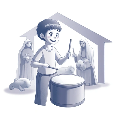 A young drummer is positioned in front of a nativity scene, focused on playing his drum. The drummer is wearing a simple outfit, consisting of a plain shirt and trousers. His expression shows concentration and joy as he strikes the drum with his drumsticks. The nativity scene behind him features figurines representing Mary, Joseph, and the baby Jesus, surrounded by animals like sheep and a donkey. The scene is illuminated softly, highlighting the details of the figurines and the drummer's actions. The setting conveys a sense of community and celebration.