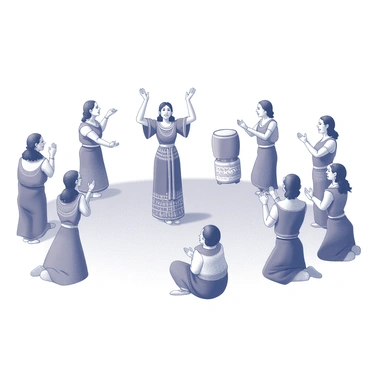 A vibrant gathering taking place in an open space. In the center, a woman named "Kartini" stands confidently, dressed in traditional attire, showcasing intricate patterns and designs. She is leading a traditional ceremony, raising her arms to engage the audience. Around her, several performers are engaged in dance, wearing colorful costumes adorned with traditional motifs. Musicians are positioned nearby, playing traditional instruments that include drums and flutes. The atmosphere is filled with energy, as onlookers are gathered, some clapping along to the rhythm of the music, while others are captivated by the dance performances. Decorated banners or garlands may be visible, adding to the festive ambiance of the scene.
