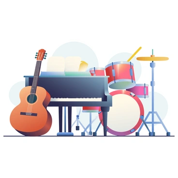 A collection of various musical instruments is displayed prominently. A sleek, brown acoustic guitar with a glossy finish is positioned at the left side. Next to it is a black grand piano with shiny keys, reflecting the light above. On the right side, a vibrant drum set in red and chrome is set up, with drumsticks resting on the snare drum. In the background, there are subtle shadows of additional instruments, creating a sense of depth. Each instrument is detailed, showcasing the textures and features of their surfaces.