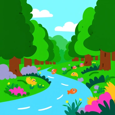 A cartoon forest filled with vibrant green trees of various shapes and sizes. Colorful, whimsical creatures, including small, fluffy animals with oversized eyes and smiling faces, play among the underbrush. Many of the plants are brightly colored and emit a soft, glowing light, illuminating the forest floor. A sparkling river winds through the scene, with cartoon fish jumping playfully above the surface. In the background, a bright blue sky peeks through the treetops, adding to the lively atmosphere of the forest.