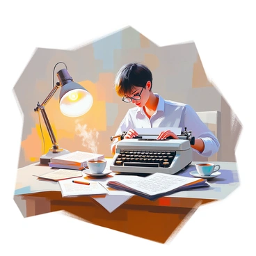 A journalist with short, dark hair is seated at a sturdy wooden desk, deeply focused as she types on an old-fashioned typewriter. The typewriter, a vintage model with black keys and a shiny silver frame, sits prominently on the desk. Papers filled with typed text are strewn around her. She is wearing a simple button-up shirt and round glasses perched on her nose. A soft lamp illuminates her workspace, casting a warm glow over the scene. A steaming cup of coffee rests nearby, alongside a small stack of books and a notepad filled with scribbles. The ambiance reflects a classic newsroom atmosphere.