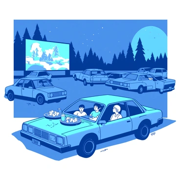 A blue drive-in theater parking lot is filled with several cars, all parked in neat rows under the night sky. In one of the cars, a family of four is sitting inside, with the father in the driver's seat and the mother in the passenger seat. The two children, a boy and a girl, are in the back seat, all watching the screen intently. The screen in front of them is displaying a colorful movie scene, casting a warm light on their faces. The area is surrounded by green trees, and there are food trays on the hood of the car with popcorn and drinks.