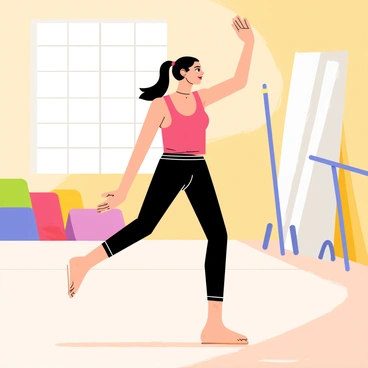 A female dancer is striking a dynamic pose in a modern dance studio. She has long black hair tied in a ponytail, flowing gracefully behind her. She wears a bright red tank top and black leggings. The studio features large mirrors on one wall reflecting her movement. Sunlight streams through large windows, casting soft shadows on the polished wooden floor. Various pieces of dance equipment, like a ballet barre and mats, are arranged neatly around the room.