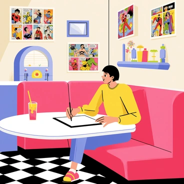 An artist with short black hair is seated at a classic red vinyl booth in a 1950s diner, working diligently on a drawing tablet. The diner is decorated with checkered black and white flooring and has a jukebox in the corner. The artist is surrounded by vibrant comic strips pinned to the walls, showcasing various superheroes in dynamic poses. A glass of bright soda with a straw sits on the table next to them. The walls are adorned with retro posters, and a neon sign in the window casts a colorful glow over the scene.