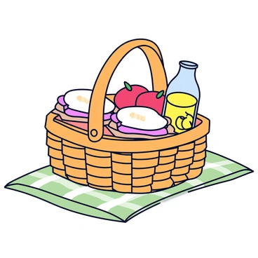 A classic wicker picnic basket with a sturdy handle. The basket is open, revealing an assortment of neatly packed sandwiches cut into halves, with small toothpicks holding them together. There are shiny red apples resting beside the sandwiches, each with a glossy surface. A clear glass bottle of lemonade, with a yellow liquid and a few lemon slices visible inside, is placed among the food items. The basket is set on a light green checkered blanket spread out on a grassy field.