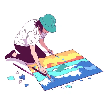 An artist is kneeling on the soft sand of a beach, using a large brush to paint a vibrant seascape directly onto the ground. The artist, wearing a white shirt and a teal hat, has paint splatters on their hands and clothes. In front of them, colorful waves are being depicted with strokes of blue and white paint, capturing the movement of the ocean. The sky above is painted with shades of yellow and orange, reflecting the warmth of a setting sun. Surrounding the artist, a few seashells and small rocks are scattered in the sand, adding to the beach ambiance.