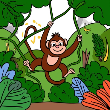 A monkey with brown fur and a long tail is playfully swinging from green vines in a lush jungle. The monkey has a joyful expression, showcasing its big eyes and a mischievous smile. Surrounding the monkey are vibrant green leaves and various tropical plants, adding to the jungle's dense vegetation. Sunlight filters through the canopy, creating dappled light patterns on the ground below. The atmosphere is lively, filled with the colors and textures of the jungle environment.
