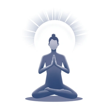 A silhouette of a person standing in the "namaste" pose, with hands pressed together in front of their chest. The figure is centered in the foreground, showcasing a relaxed and meditative stance. The background features a large sun rising on the horizon, casting a light that creates a strong contrast between the dark silhouette and the brightness of the sunrise. Rays of light extend outward from the sun, adding a sense of depth and radiance to the scene. The ground is depicted as flat, providing a stable base for the figure.