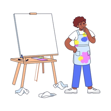 An artist with short, curly brown hair is standing in front of a large, empty canvas on an easel. The artist is wearing a paint-splattered apron over a simple white shirt. At their feet, crumpled sheets of white paper are scattered across the wooden floor. The artist appears contemplative, with one hand resting on their hip and the other raised to their chin as they analyze the blank canvas. The surrounding space is minimal, with a few paintbrushes and a palette of colors on a nearby table.
