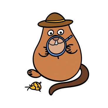 A capybara with light brown fur, sitting on its hind legs, is wearing a tan explorer hat. It is holding a magnifying glass in its front paws, closely examining a small bug that is crawling on the ground in front of it. The capybara has curious eyes and a slightly tilted head as it focuses on the bug. The background is simple and emphasizes the capybara's exploration.