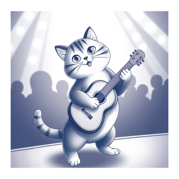 A cat with distinctive markings is standing on a stage, holding a tiny guitar with its paws. The cat is focused on playing the instrument, showcasing its playful side. The stage is illuminated with various lights, casting bright patterns around the scene. In the background, there are silhouettes of an audience, enjoying the performance, while the atmosphere is filled with excitement.