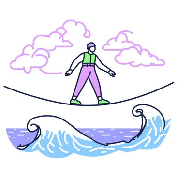 A tightrope walker inching across a rope suspended over crashing ocean waves