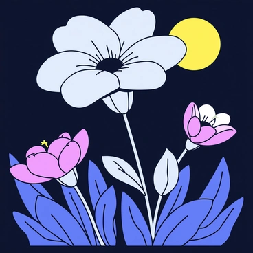 A garden scene at night under a bright full moon. The moonlight bathes the garden in a soft glow, creating gentle shadows among the plants. Flowers are depicted with large, delicate petals in shades of white and light purple, fully open to reveal their intricate patterns. The flowers have slender stems, and their leaves glisten with dew. The background consists of dark green foliage, contrasting with the illuminated blossoms. The overall composition emphasizes the tranquility and mystery of a night garden.