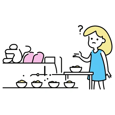 A girl with long blonde hair, wearing a blue dress, stands in the middle of a quaint cottage. She looks puzzled as she examines three different sizes of chairs, one large, one medium, and one small, positioned in a row. Next to the chairs, there are three bowls of porridge on a wooden table, each bowl varying in size. In the background, a neatly made bed with three different-sized quilts can be seen, adding to the whimsical atmosphere of the scene. The girl’s expression is curious, suggesting she is trying to comprehend the peculiarities around her.