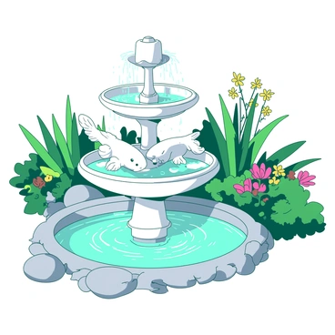 A white decorative garden fountain with intricate designs, showcasing sculpted carp figures. Water is cascading over the glossy surfaces of the carp, creating a gentle flow that splashes into a turquoise basin below. Surrounding the fountain, lush green plants and colorful flowers provide a vibrant backdrop, enhancing the tranquil atmosphere of the garden. The sunlight glistens on the surface of the water, creating reflections that dance across the nearby stones.