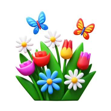 A garden filled with various flowers in vibrant colors. Colorful butterflies of different species are fluttering among the flowers. The butterflies have distinct patterns on their wings, with shades of blue, orange, yellow, and red. The flowers include roses, daisies, and tulips, each blooming in full splendor. Bright green leaves surround the blossoms, creating a lush backdrop for the scene.