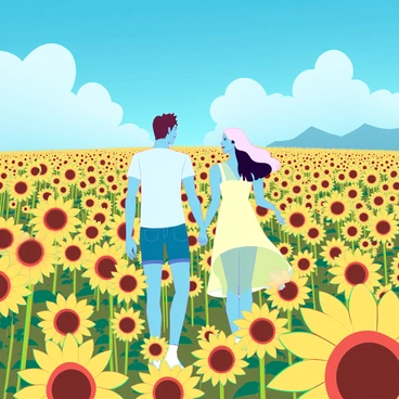A couple walking hand in hand through a vast field of vibrant yellow sunflowers that stretch endlessly in all directions. The sunflowers are tall, their large round faces turned towards the sun. The couple consists of a man and a woman, both wearing light, casual clothing suitable for a warm day. The man has short brown hair and is wearing a white t-shirt and denim shorts. The woman has long, flowing blonde hair, dressed in a light yellow sundress. Above them, a bright blue sky is filled with a few fluffy white clouds, casting soft shadows over the golden flowers below. The scene conveys a sense of warmth and happiness as they enjoy their leisurely stroll together.