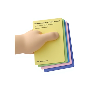 A hand with light skin grips a stack of colorful flashcards. The flashcards are arranged in a neat pile, displaying various bright colors such as yellow, blue, green, and pink. Each card features neatly printed text with a question on one side and a corresponding answer on the other. The background is neutral, providing contrast to the vibrant colors of the flashcards.
