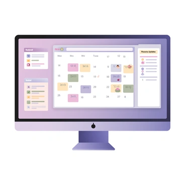 A digital flat illustration depicting a "calendar" interface on a computer screen. The calendar is filled with various dates, some highlighted in bright colors to indicate important events. Each highlighted date features small icons representing different types of events, such as a meeting, a birthday cake, and a holiday symbol. The overall design of the calendar is modern and user-friendly, with a colorful scheme to draw attention to key dates. On one side of the screen, there are sections labeled "Upcoming Events" and "Recent Updates," showing a list of events in bullet points. The background is a simple workspace setting, indicating the calendar is integrated into an "intranet system."