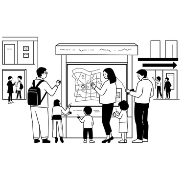 A tourist map kiosk is positioned in the center of a busy square. The kiosk is designed with a large, detailed map displayed prominently on its surface, surrounded by brochures and pamphlets about local attractions. Several travelers are gathered around it, looking at the map and discussing their plans for the day. One traveler, a man with a backpack, is pointing at a location on the map while a woman next to him, holding a camera, is taking notes. Nearby, a family with children is also studying the map, with one child eagerly pointing towards a nearby landmark. The square is bustling with people, and various shops and cafes can be seen in the background.