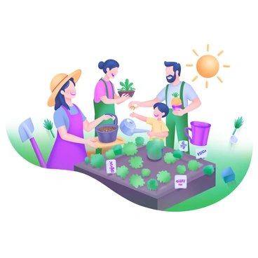 A community garden scene with neighbors working together. In the center, a diverse group of individuals, including a woman with a sun hat, a man with a beard, and a child planting seeds, are interacting. One neighbor holds "plants" in one hand while offering "seeds" to another neighbor, who is smiling and reaching out. Various colorful plants are growing in neat rows around them, with labeled plant markers. Gardening tools like a spade and watering can are visible nearby. The sun shines brightly, casting soft shadows on the ground.