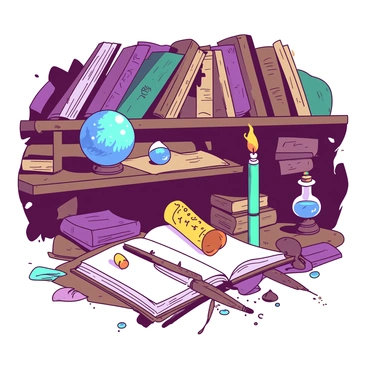 A collection of various magical artifacts is displayed on a wooden shelf in a cluttered wizard's workshop. The shelf is filled with items of different shapes and sizes, including a sparkling blue crystal orb, a yellow scroll with intricate runes, and a small orange potion bottle with a cork stopper. In the background, there are scattered books with worn covers, some partially opened, revealing ancient texts. A teal candle flickers on the shelf, casting a soft glow on the artifacts, while an array of brushes and quills are haphazardly arranged beside a dusty open spellbook.