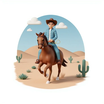 A cartoon cowboy character, wearing a brown cowboy hat, a blue plaid shirt, and denim jeans, is riding a chestnut horse. The cowboy's face shows a determined expression, and he has a lasso hanging from his belt. The horse is galloping through a dusty ranch landscape dotted with cacti and wild bushes. In the background, there are rolling hills under a clear blue sky with a few fluffy clouds. Dust is kicking up around the horse's hooves as it moves swiftly across the terrain.