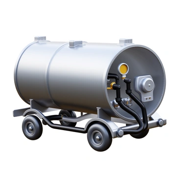 A detailed cross-section of a truck's fuel tank showing the internal structure. The fuel tank is metallic and cylindrical, with visible seams and reinforcement. Fuel lines are depicted running from the tank, showcasing their connection to the engine. The lines are highlighted in black, demonstrating their flexible nature. There are small details, such as fuel gauges and valves, integrated into the design. The surrounding area includes hints of the truck's undercarriage, providing context to the fuel system's placement.